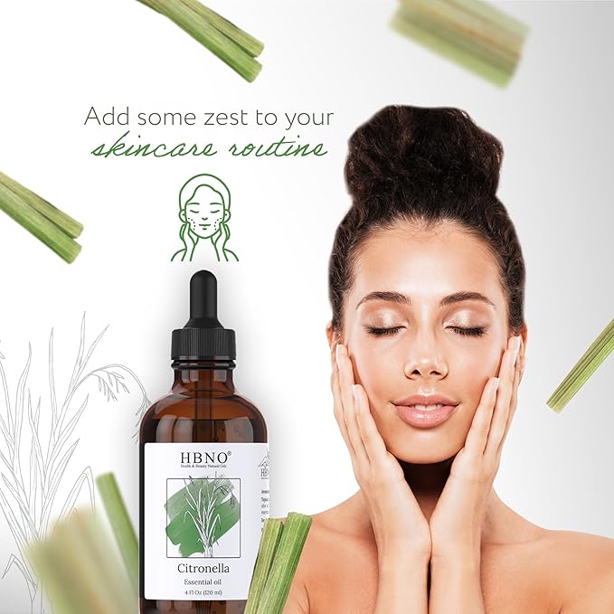 HBNO California Bottled Citronella Essential Oil 4 fl oz (120ml) - Natural Citronella Oil - Perfect for Cleaning, Aromatherapy, DIY, Soap & Diffuser -