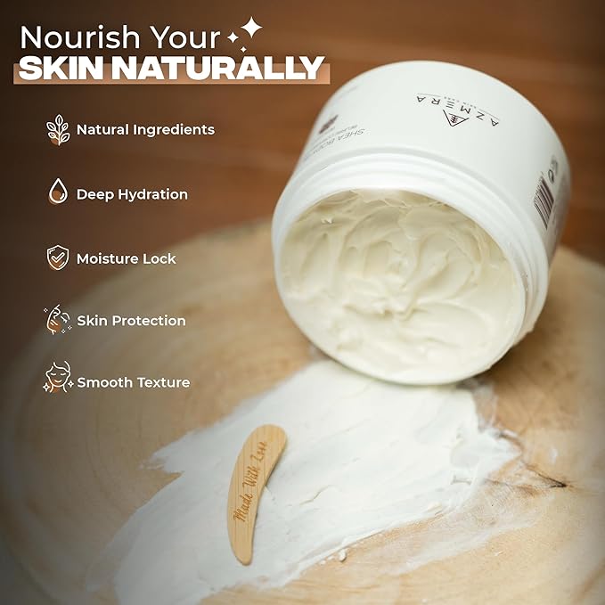AZMERA Handcrafted Whipped Shea Body Butter – Unscented Moisturizer for Dry, Sensitive Skin with Argan Oil & Vitamin E – Vegan, Non-Greasy Whipped Body Butter for Women & Men – 8.82 oz