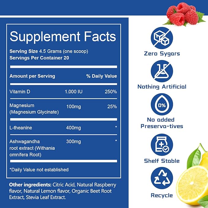 Cortisol Supplements for Women,Calm Drink Mix,Magnesium Glycinate,Ksm-66 Ashwagandha,Vitamin D 3, 20 On The Go Packets,Raspberry Lemonade,Supplements for Relaxation Sleep