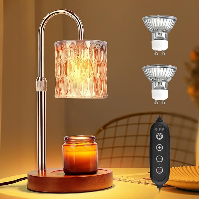 Candle Warmer Lamp with Timer, Dimmable Candle Warmer Lamp, Adjustable Height Candle Lamp, Electric Candle Lamp Warmer with 2 Bulbs, Candle Warmer Lamp for Home Bedroom Decor (Wooden Base)