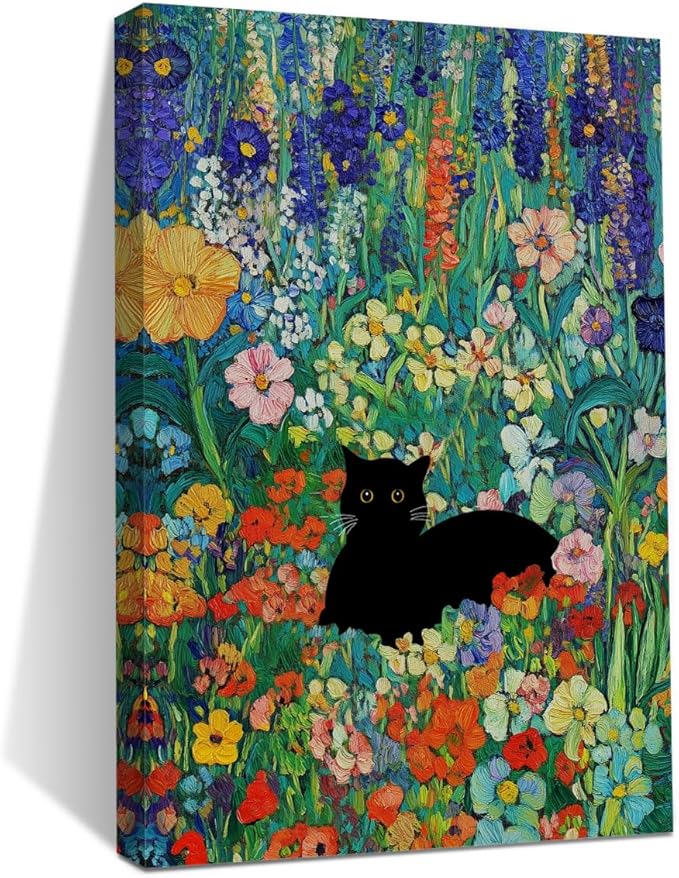 HZMLYDJ Cute Garden Cat Wall Art Garden Flowers Cat Aesthetic Design Posters Vintage Canvas Wall Art for Room Bedroom Living Room Bathroom Decor, Trendy Paintings Aesthetic Cats Lovers Decoration