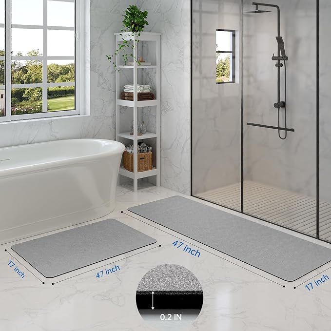 Bathroom Mat Rugs Sets 2 Piece - Quick Dry Super Absorbent Bath Mat for Bathroom Diatomaceous Earth Bathroom Rug with Rubber Backing Non-Slip Bath Mat Rugs for Shower Floor, 47x17 + 24x17, Grey