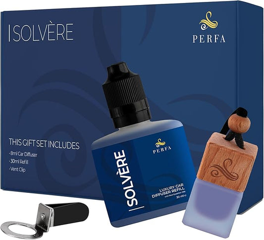 Solvère Gift Set with Refill Bottle | Automotive Air Fresheners with Solvère Fragrance | Strong Car Perfume | Odour Eliminating Car Air Fresheners by Perfa