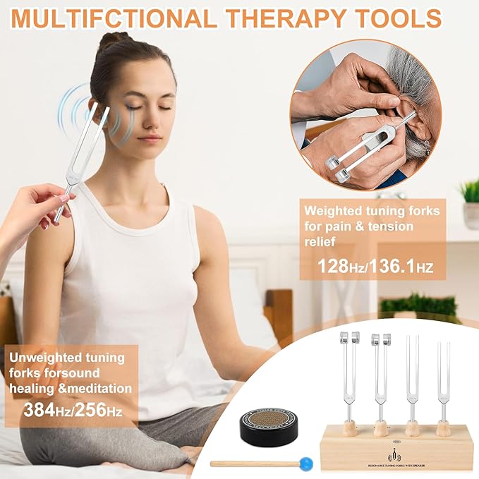 Tuning Forks for Healing Set – Includes 128Hz, 136Hz, 256Hz, 384Hz, & Activator, Bamboo Base, Rubber Hammer, Portable in Black Luggage – Sound Healing Instruments for Chakra, Yoga, and Meditation