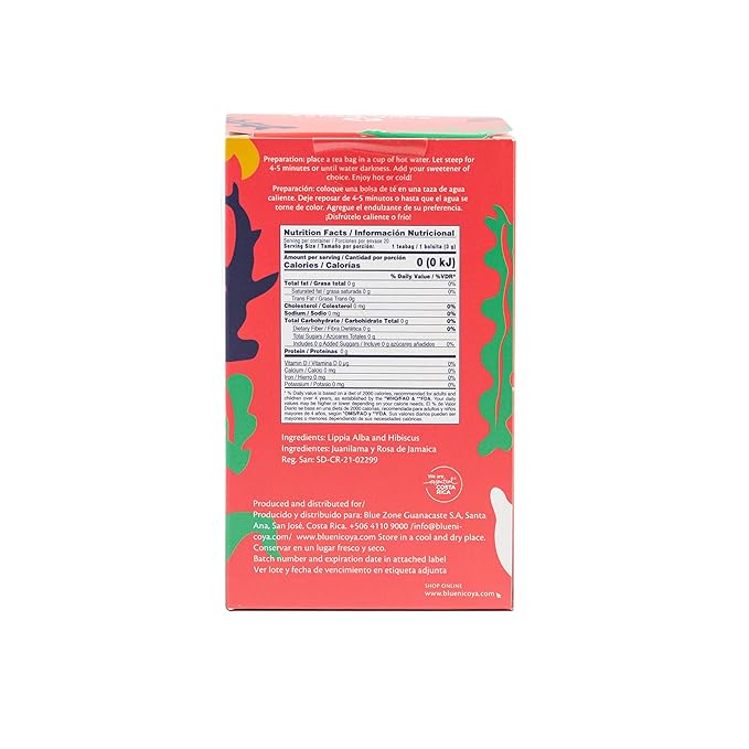 Blue Zones Nicoya - Lippia Alba & Hibiscus Flavored Tea Bags - 100% Natural, Organic, and Refreshing - High Micronutrients - Gluten, Caffeine, Sugar-Free - Pack of 18 (1.59 oz/ 45 g)