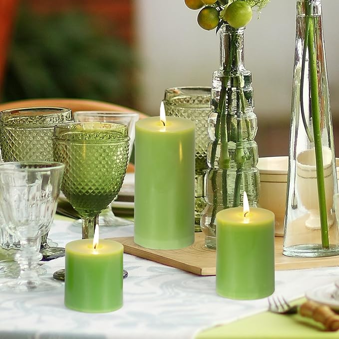 KONNI Green Pillar Candles Set of 3, 3"x 3" Unscented Pillar Candles Bulk, 30 Hours Long Burning Candles, Smokeless&Dripless Large Round Candle for Wedding, Home Decoration, Parties, Spas, Dinner