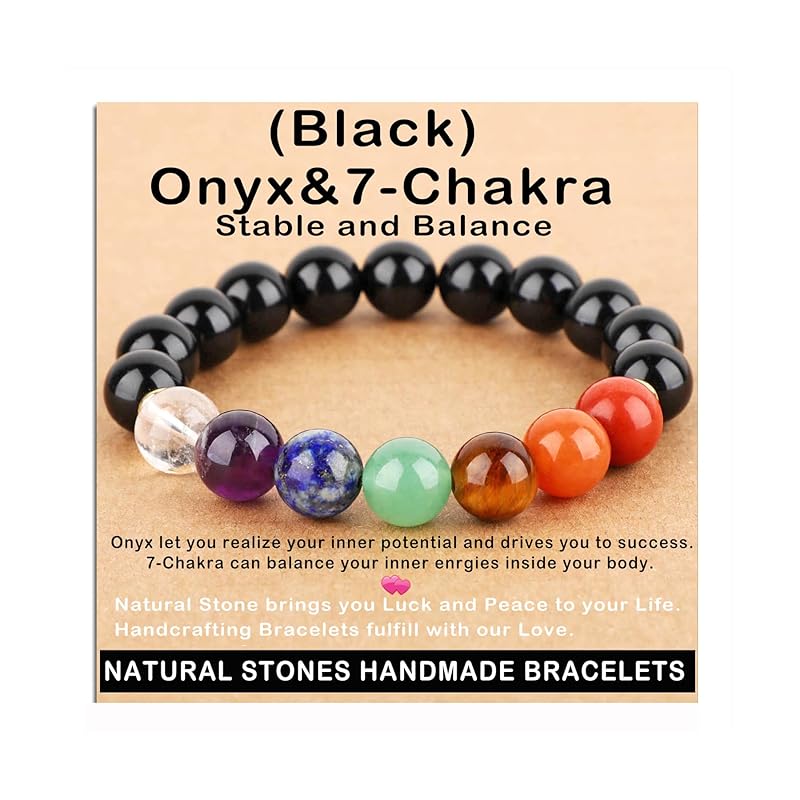 AD Beads Handmade Gemstone Stretch Elastic Bracelet Crystal Healing Reiki Nature's Beauty and Spiritual Essence Unisex (10mm, Onyx & 7-Chakra (Stable and Balance))
