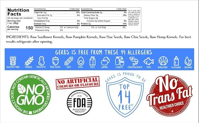 GERBS Super 5 Seed Snack Mix 2 LBS. Premium Grade | Top 14 Food Allergy Free | Resealable Bulk Bag | Made in USA | Raw Pumpkin Sunflower Chia Hemp Flax Seed Trail Mix | Gluten Peanut Tree Nut Free