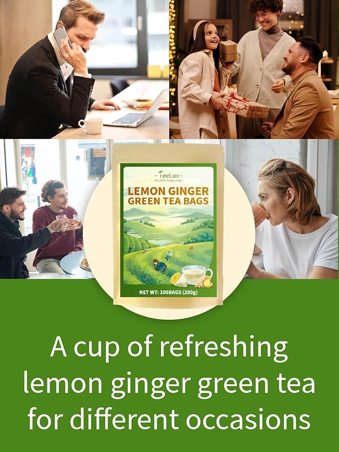 TeeLux Lemon Ginger Green Tea, Zesty Ginger, Refreshing Natural Lemon Flavor, Brisk Sencha Green Tea, Low Caffeine, 100 Count