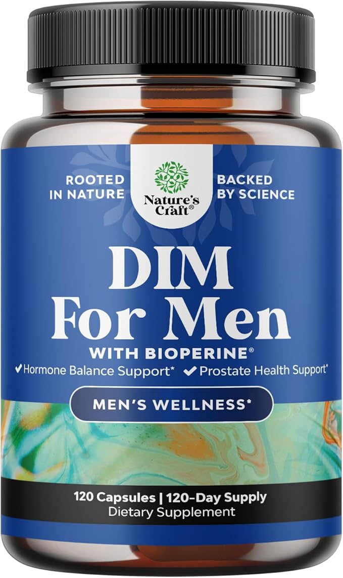 DIM Supplement for Men - DIM Estrogen Blocker for Men for Hormone Balance & Prostate Health - Diindolylmethane Testosterone Complex with Panax Ginseng, Bioperine, Grapeseed & Astragalus - 120 Capsules