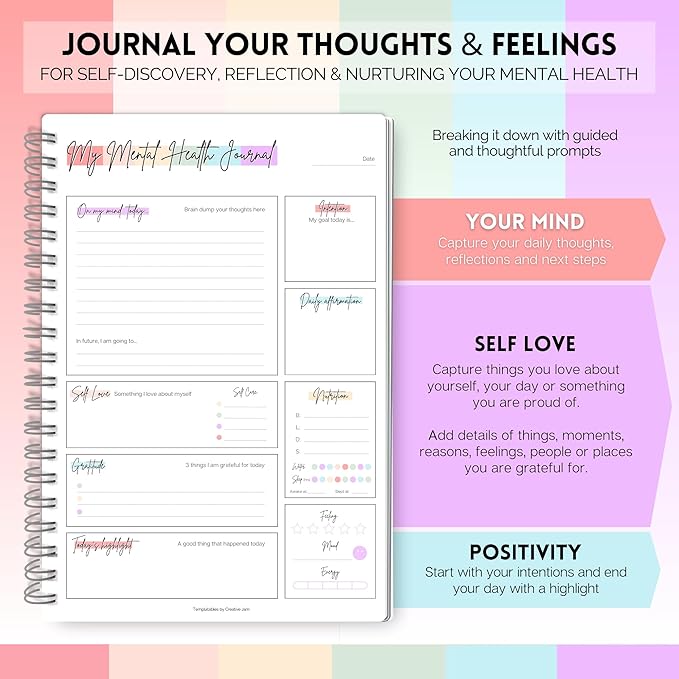 Mental Health Journal, A5 Rainbow, Daily Gratitude, Self Care, Intentions, Affirmations, Nutrition, Annual Tracker, Mood Tracker, Goals & Reflections