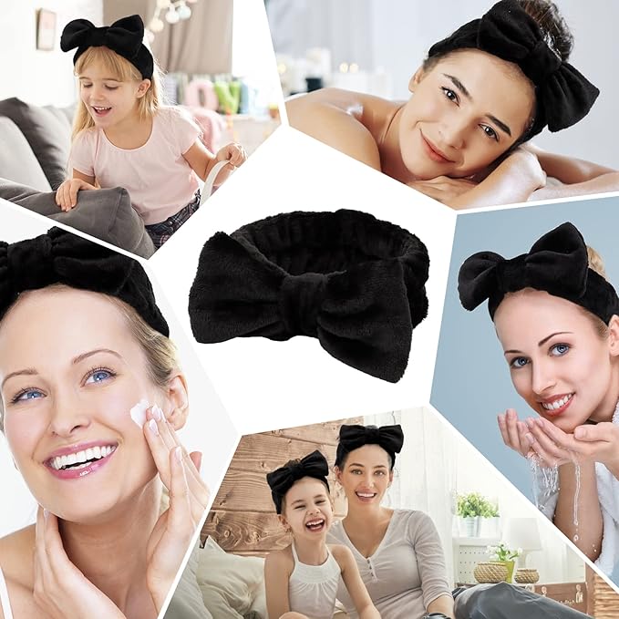 Casoty 8 Pcs Black Hairband, Soft Coral Fleece Skincare Headbands for Women Makeup, Hair Band for Washing Face, Makeup Headband for Face Washing Shower Skin Care Yoga, Bow Headbands for Adults