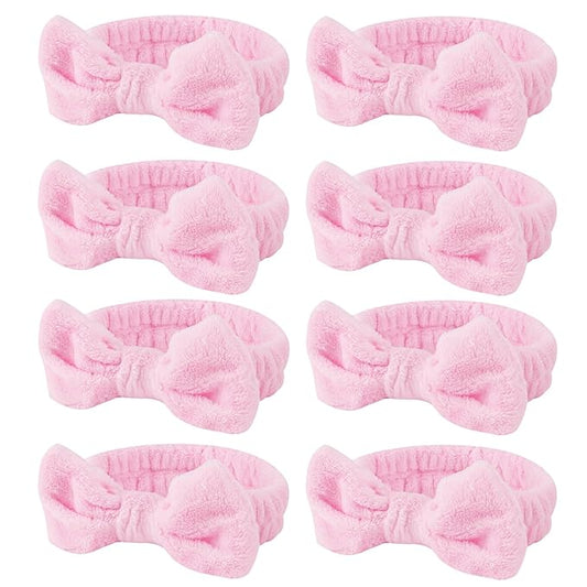 Casoty 8 Pcs Pink Spa Headbands, Soft Coral Fleece Hair Bow Headband for Washing Face, Makeup, Skincare, Yoga, Hair Accessory for Women, Girls, Adults, Gift