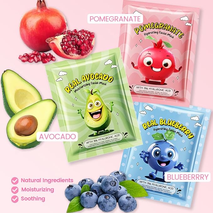 Kaely 6 Pack Fruit Face Masks for Kids, Kids Face Mask Spa Day Kit Supplies, Spa Party Favors for Teens Girls Women, Sheet Facial Mask Skincare Gifts Set, Moisturize Soothe for All Skin Types, 03