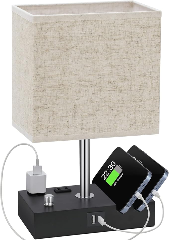 Kakanuo Table Lamp for Bedroom with Dual USB Ports, Beige Fully Dimmable Bedside Lamp with Phone Stands and 2 Charging Outlets, Desk Lamp for Nightstand and Living Room, LED Bulb Included
