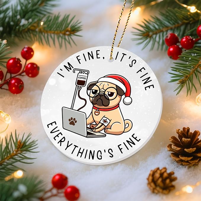 34HD Gifts for Christmas, Funny Pug Dog Christmas Ornament Ceramic 2-Side Printed, Coworkers Gifts for Men Women, Christmas Hanging Decorations