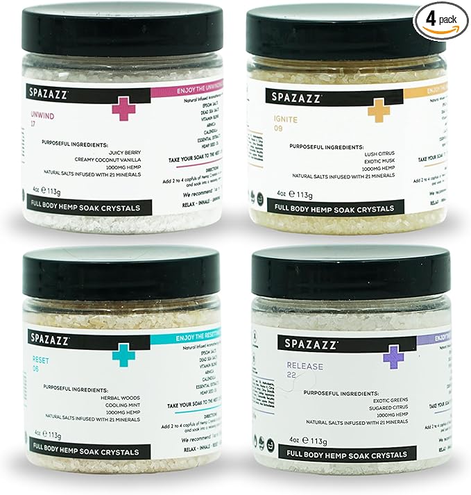 Spazazz Hot Tub Aromatherapy Full Body Hemp Soak Collection Sampler Pack - 4oz 1000 mg Hemp Spa Aromatherapy Hot Tub Bath Salt Crystals 4 Pack: Release 22, Reset 06, Unwind 17, Ignite 09