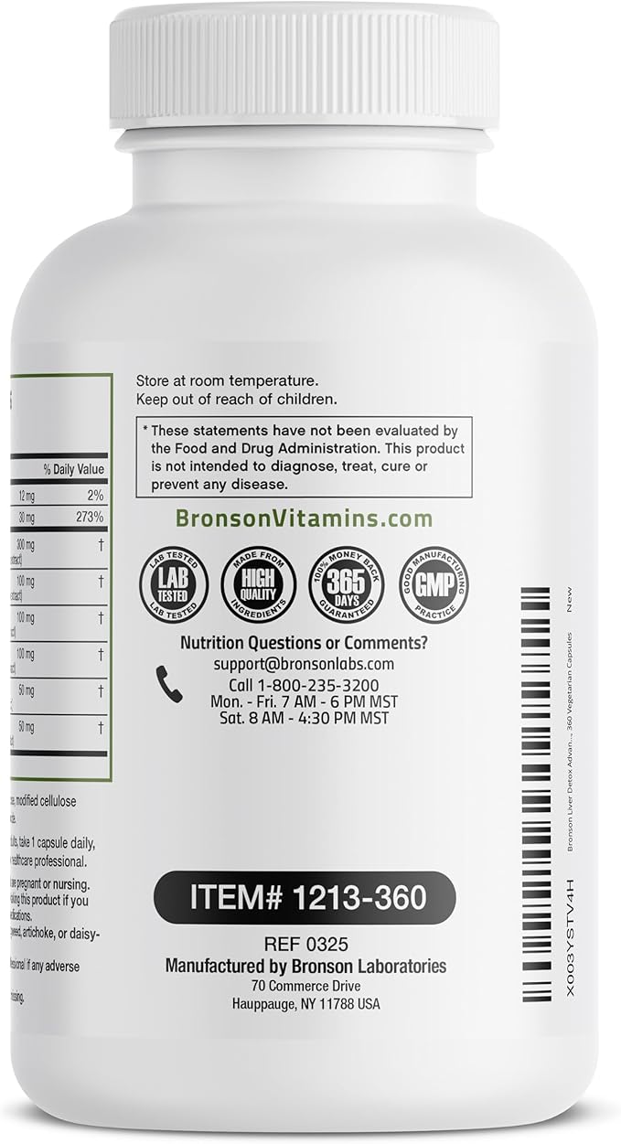 Bronson Liver Detox Advanced Detox & Cleansing Formula Supports Health Liver Function with Milk Thistle, Dandelion Root, Turmeric, Artichoke Leaf & More, Non-GMO, 360 Vegetarian Capsules