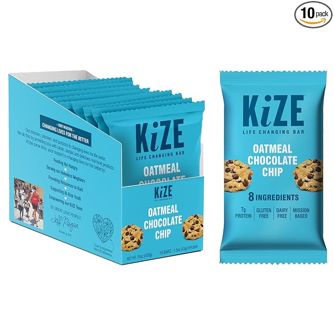 KiZE Energy Bars - Oatmeal Chocolate Chip - Gluten Free, Dairy Free, Non-GMO, and High Protein Meal Replacement Energy Bars, Clean and Simple Food Ingredients - 7g High Protein Snacks, (10 Count)