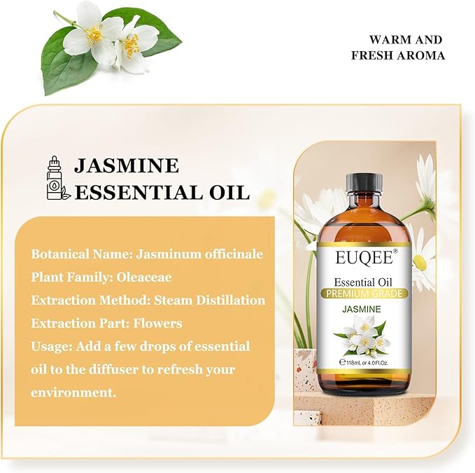 EUQEE Jasmine Essential Oil 118ml Premium Jasmine Oil for Aromatherapy, Diffuser, DIY Soap, Candle Making - 4Fl Oz