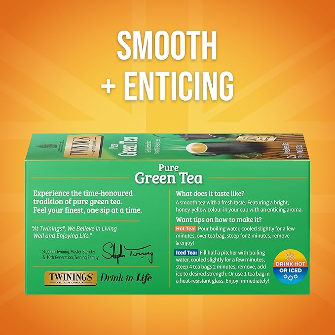 Twinings Pure Green Tea Individually Wrapped Bags, 25 Count (Pack of 6), Smooth Flavour, Enticing Aroma, Caffeinated, Enjoy Hot or Iced, 150 Teabags