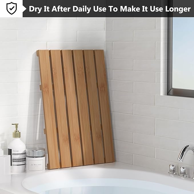 Domax Wooden Bamboo Bath Shower Mat- Non-Slip Waterproof Large Bathroom Floor Mat for Indoor Outdoor (Walnut, 21.26 x 14.17 x 1.3 Inches)