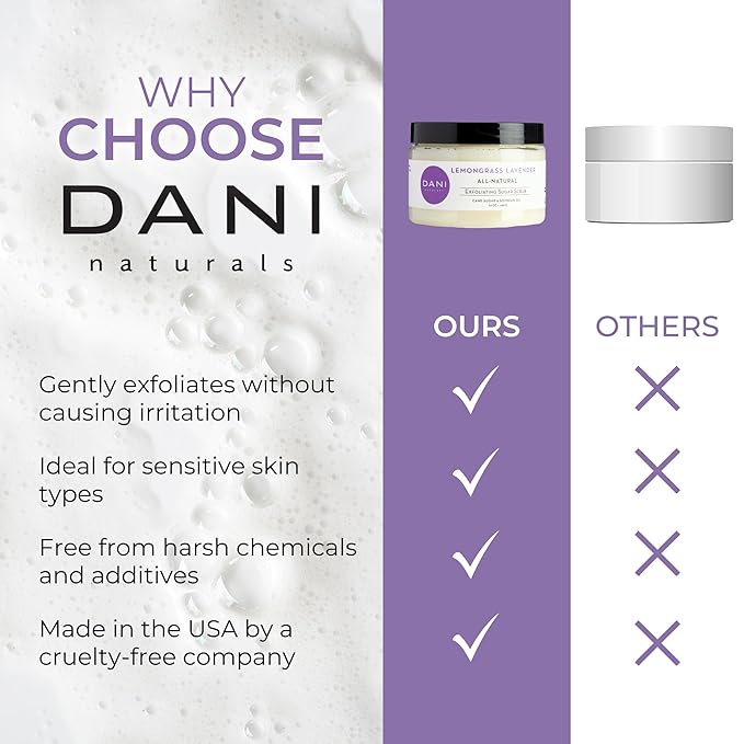 DANI Naturals Sugar Scrub - Exfoliating Lemongrass Lavender with organic cane sugar and shea butter gently exfoliates and hydrates, leaving skin smooth and refreshed. 14 oz