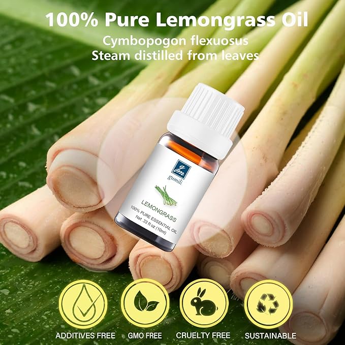 Lemongrass Essential Oil - Pure Organic Lemongrass Oil for Diffuser, Spray, Skin & Hair Care, Massage, DIY Candles & Soap, Perfume, Body Wash - 10mL