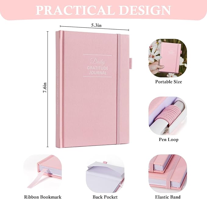 Gratitude Journal with 4 Inspirational Stickers: Undated Daily Gratitude Journal for Women and Men - More Happiness, Affirmation, and Mindfulness in A Few Minutes with Prompts & Quotes (Pink)