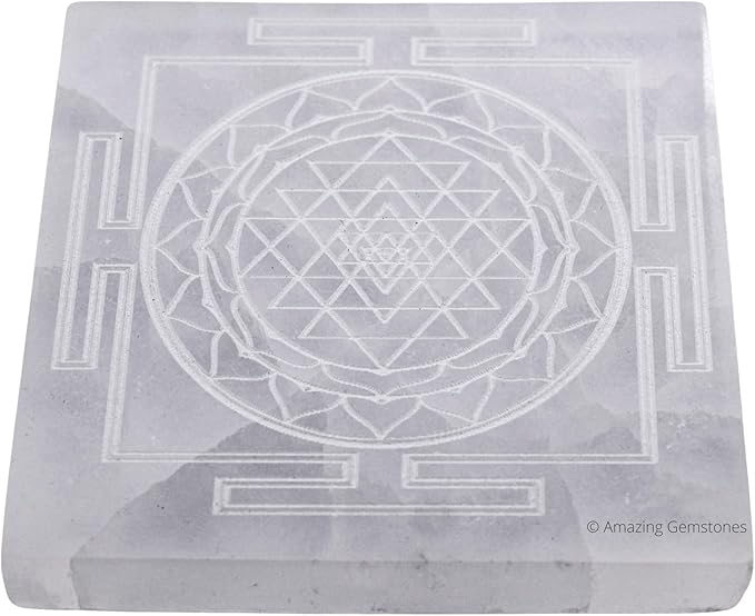 Amazing Gemstone Selenite Crystal Charging Plate For Crystals And Healing Stones, 3" Selenite Crystal Plate Engraved Shree Yantra Coaster For Home, Office Table Decor (Selenite Square)