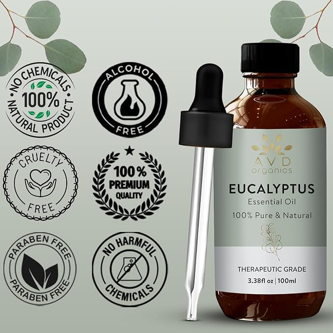 Eucalyptus Essential Oil for Diffuser | 100% Pure and Natural Eucalyptus Oil | for Skin Body Aromatherapy Home Fragrance Carrier Bath Steamroom 3.38 fl. Oz…