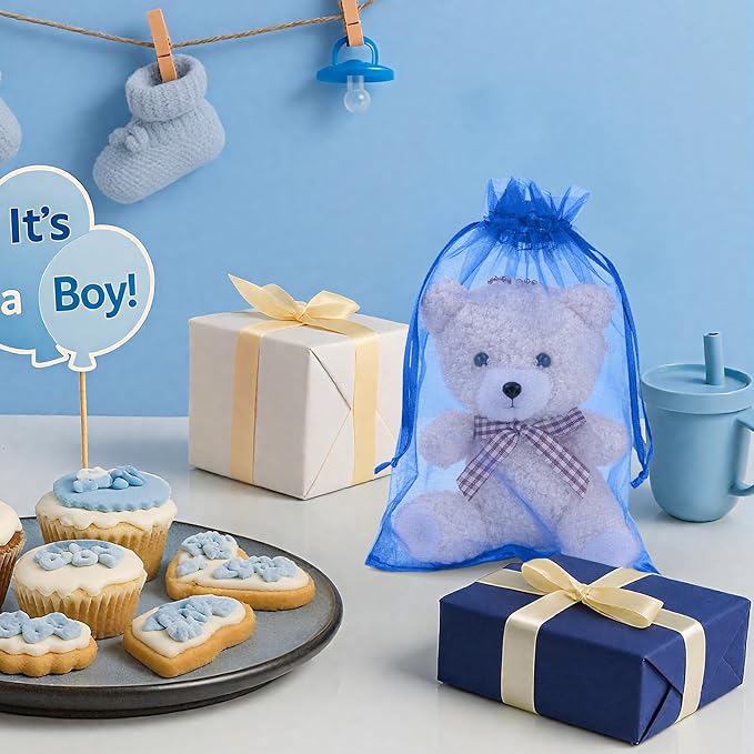 ANZNKU 100 Pack Organza Bags 5x7 Inch, Mesh Bag Drawstring Mesh Gift Bags Small Packaging Bag for Baby Shower, Party Favors(Royal Blue)