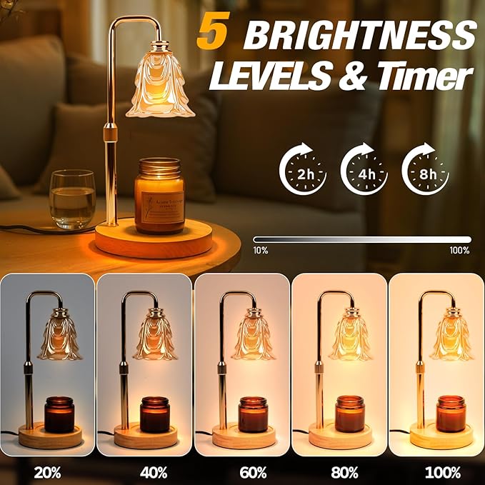 Candle Warmer Lamp with Timer and Dimmer, Electric Wax Warmers for Scented Candles with 5 Brightness Settings, Anti-Glare Lamp with Adjustable Height, Home Decor, Gift for Christmas, Birthday