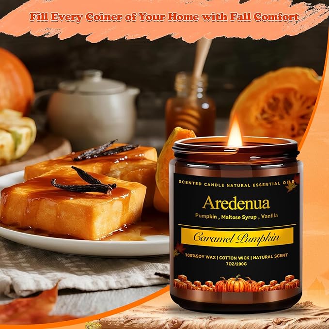 Fall Candles - Caramel Pumpkin Candle | Halloween Pumpkin Candles - Autumn7 OZ Autumn Soy Candle for Home Scented - Cozy Autumn Home Décor, Perfect Halloween & Thanksgiving Gift