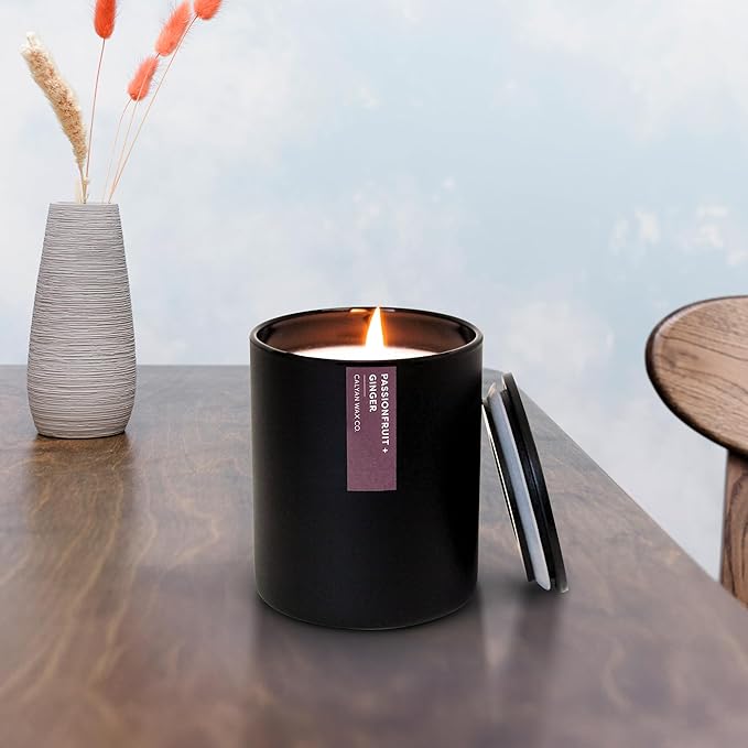 Calyan Wax Co. Soy Wax Candle, Passionfruit + Ginger Scented Candle, 75 Hour Burn Time, Aromatherapy Soy Candles, Non Toxic & Vegan Soy Wax, Black Tumbler Scented Candles, 13oz