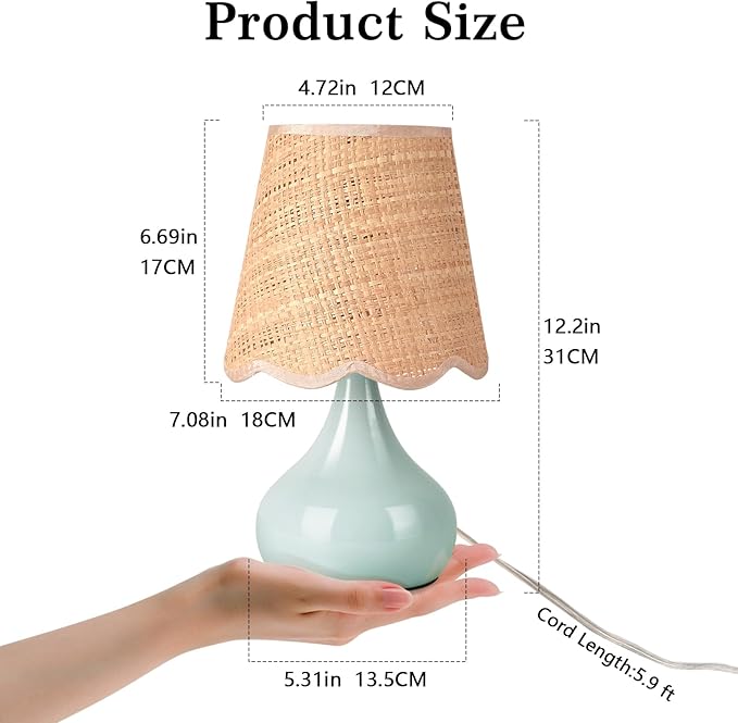 Light Blue Boho Small Table Lamp for Small Spaces, Small Rattan Shade Bedside Lamp for Bedroom, Cute Nightstand Light for Bedside, Kitchen Counter, Bookshelf Lamp, Home Office, Living Room, Dorm
