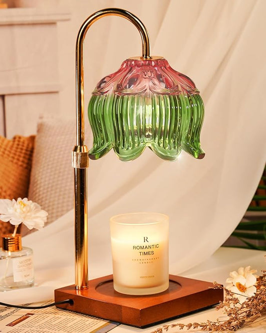 Candle Warmer Lamp with Timer Dimmable, Height Adjustable Birthday Gifts for Women Mom House Warming, Home Decor, Lotus Flower Candle Lamp Warmer 2 Bulbs Inc (Pink Green)