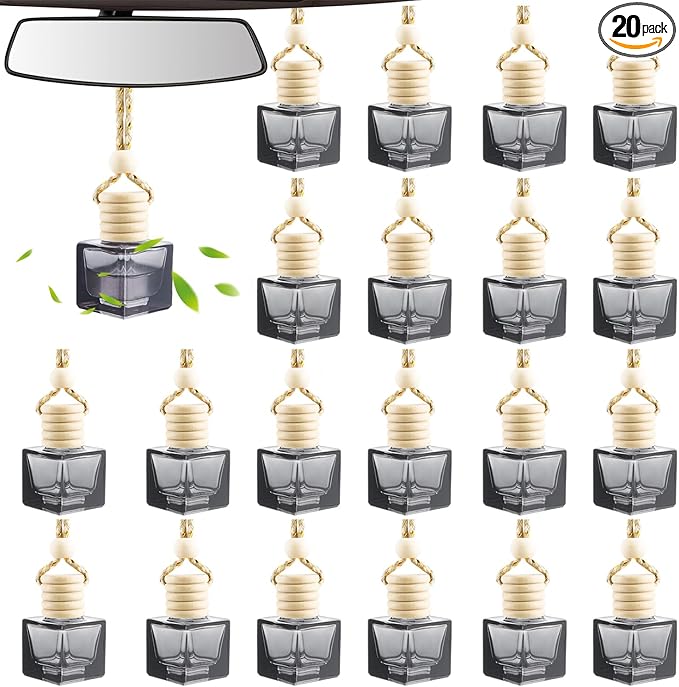 20 Pack Black Hanging Car Air Freshener Bottle Empty Car Essential Oil Diffuser Bottles Pendant Black Glass Perfume Bottles Aromatherapy Fragrance Bottle Auto Ornaments Decor (square)
