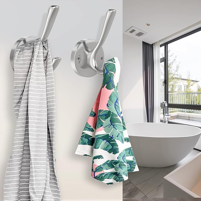 Brushed Nickel Robe Hooks Towel Hooks, 3 Pack Coat Hook Heavy Duty Mudroom Hook Double Bathrobe Hook Wall Mounted, Hat Hooks for Entryway Bathroom Kitchen Closet