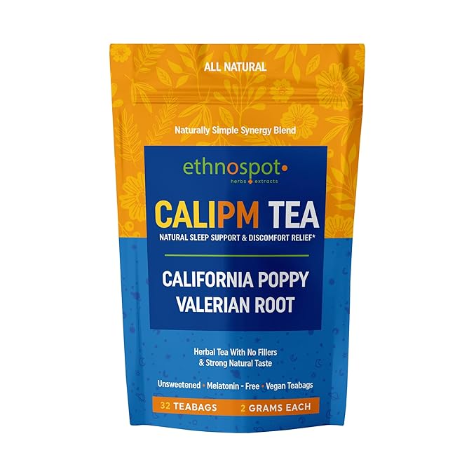 CaliPM Teabags - Natural Sleep Tea with California Poppy & Valerian Root, Herbal Tea for Relaxation & Discomfort Relief, Unsweetened & Vegan, Melatonin-Free, 100% Natural Ingredients - 2 Gram Teabags - 32 Teabags