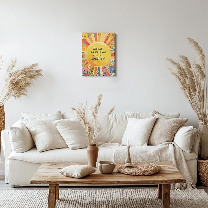Inspirational Quotes Wall Art Decor, Stay Close to People Who Like Sunshine Framed Canvas Wall Art for Girls Room Nursery Home Living Bedroom Office Decor Sunshine Encouragements Gifts