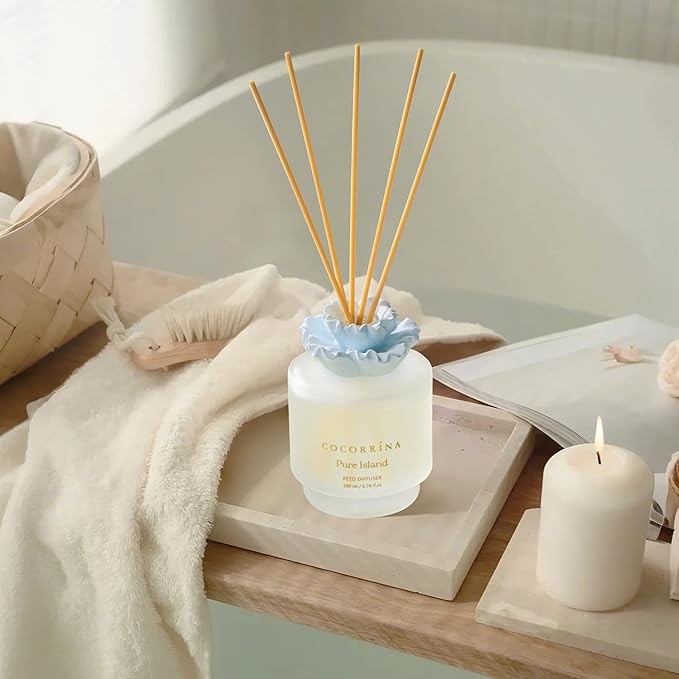 COCORRÍNA Gypsum Flower Reed Diffuser Set for Bathroom Décor – Pure Island Scent, 6.76 oz with Sticks & Oil – Home Fragrance for Bathroom & Living Space