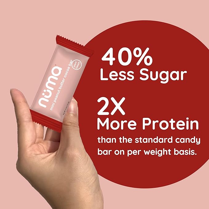 Numa Mini Peanut Butter Cocoa Bars - Vegan, Low Sugar, High Protein, Natural, Gluten Free - Crunchy Plant Based PB Snacks - 3 Bags with 8 Individually Wrapped Chocolate Protein Bars