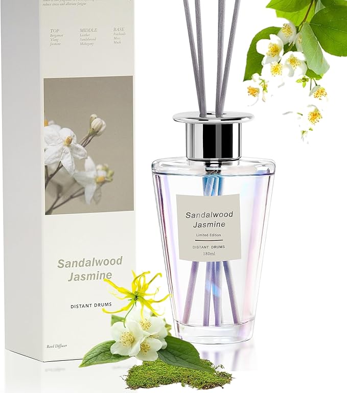 Jasmine Sandalwood Premium Reed Diffuser Set for Home, Strong Long Lasting Scent Natural Oil Diffuser for Bathroom Smells Good for Home (180ml)