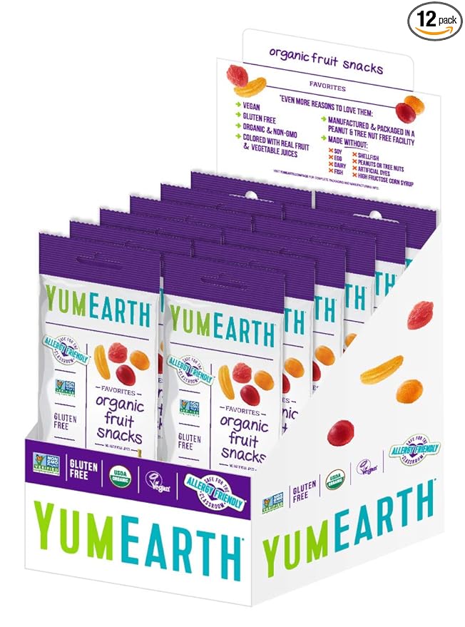 YumEarth Organic Fruit Snacks,Fruit Flavored Snack Packs, Allergy Friendly, Gluten Free, Non-GMO, Vegan, No Artificial Flavors or Dyes 2oz (Pack of 12)