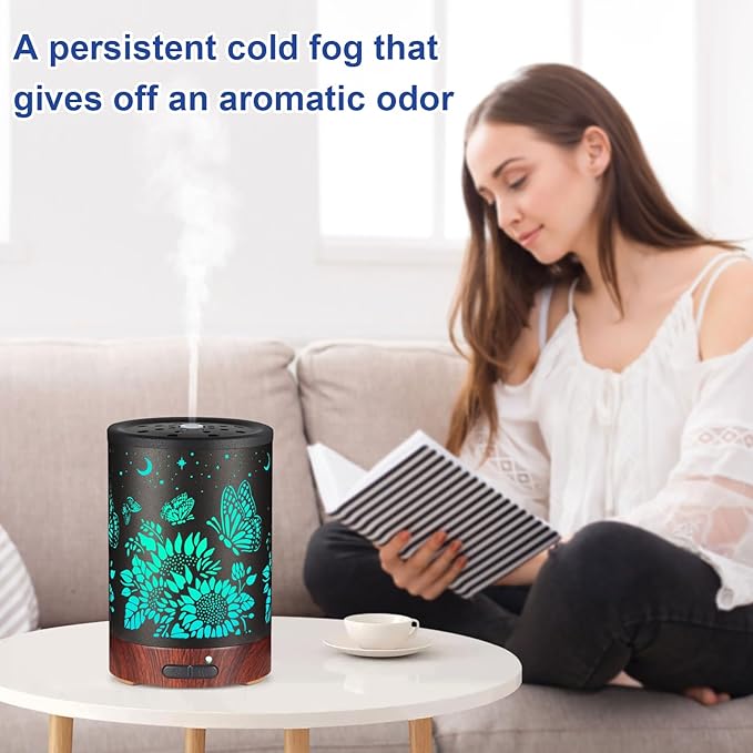 Essential Oil Diffuser- Aromatherapy Diffuser with7 Colors Light, and Auto-Off -Metal Cool Mist Humidifier for Home and Office（Sunflower + Butterfly）…