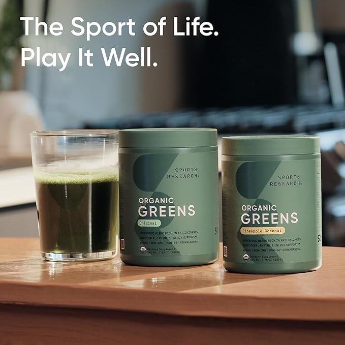 Sports Research® Organic Greens Superfood Powder w/Spirulina & Chlorella, Adaptogens, Enzymes, Probiotics & 8 VIT Bs for Gut & Mood Support* - Vegan, Sugar-Free & Low-Cal Original 20 Servings