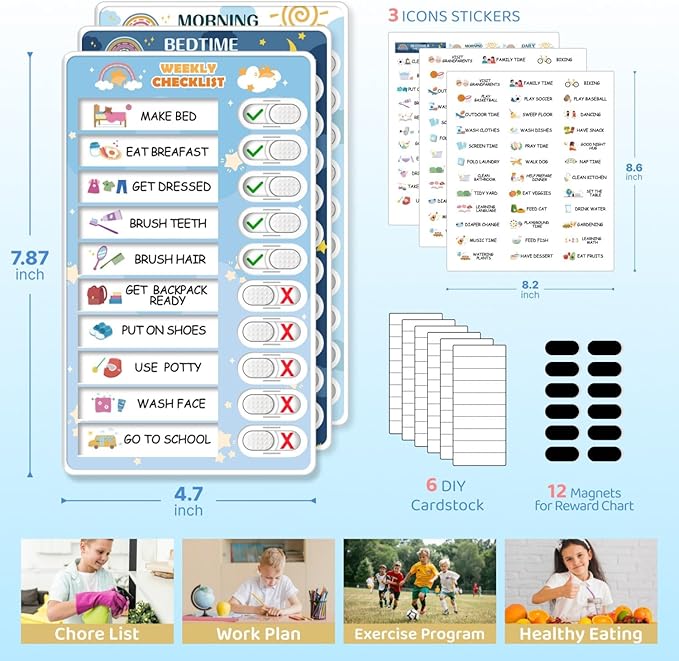 3 in 1 Bedtime/Morning/Weekly Routine Chart for Kids, Magnetic Chore Chart for Kids, Visual Schedule for Kids Toddlers Schedule Board for Home