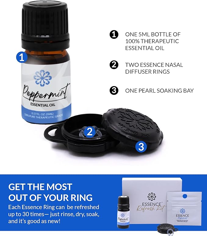 Essence Wearable Aromatherapy Nasal Diffuser – Peppermint Essential Oil Nose Ring Silicone Inhaler for Stress & Mood Support - Made in USA & Travel-Friendly