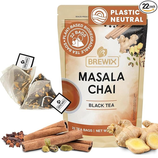 BREWIX, Masala Chai Tea Bags (22 Pyramid Tea Bags) Strong, Robust & Spicy - Pure Ingredients | Black Tea, Cinnamon, Ginger, Black Pepper, Cardamom & Cloves, Packed in Resealable Ziplock Pouch